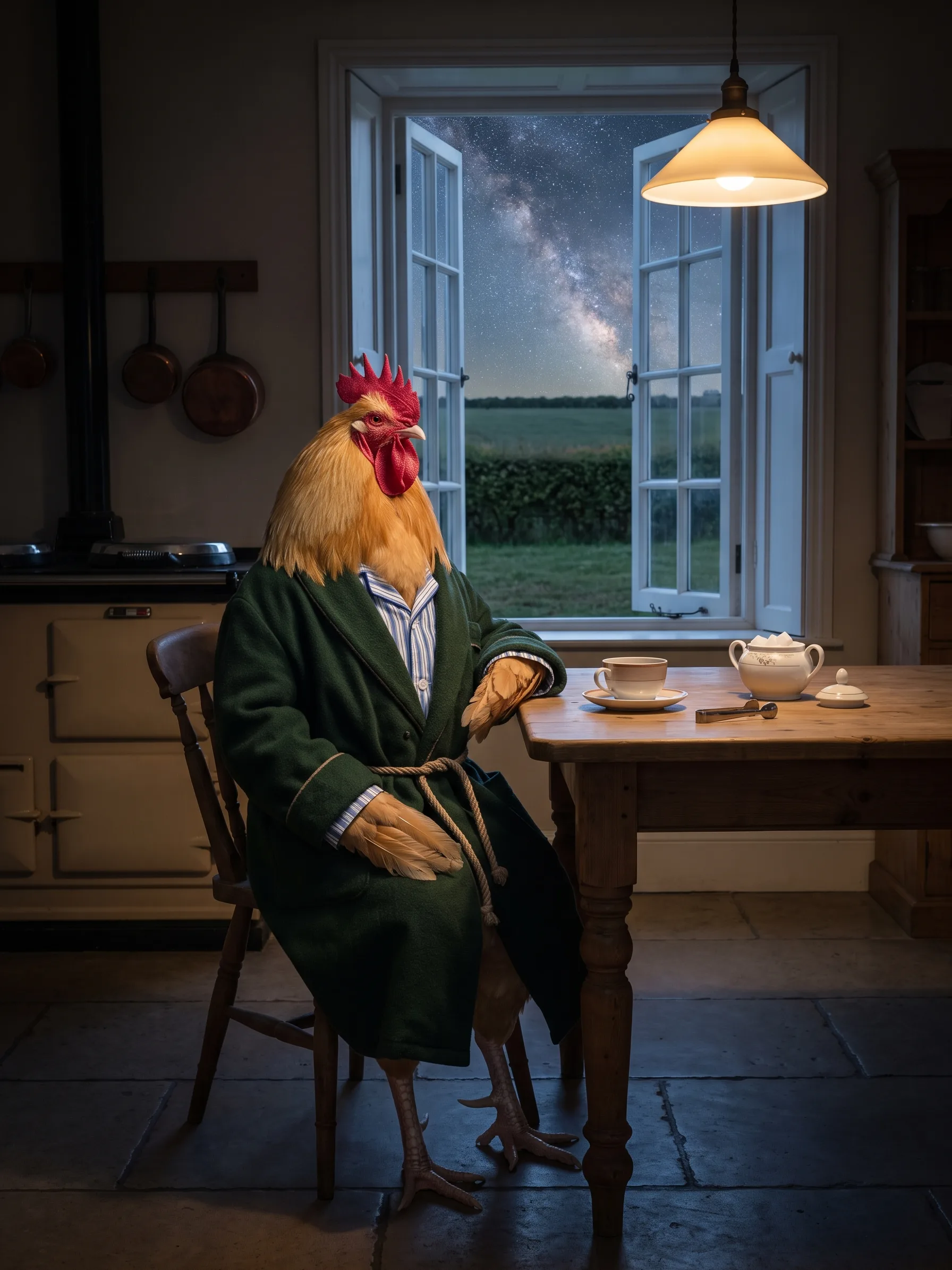 A Buff Orpington rooster with golden buff plumage, seated upright like a gentleman at a scrubbed pine farmhouse kitchen table at night in a dark green wool dressing gown over a blue striped pyjama shirt, a white china sugar bowl and a cup of tea before him, an open window behind showing the Milky Way over dark fields