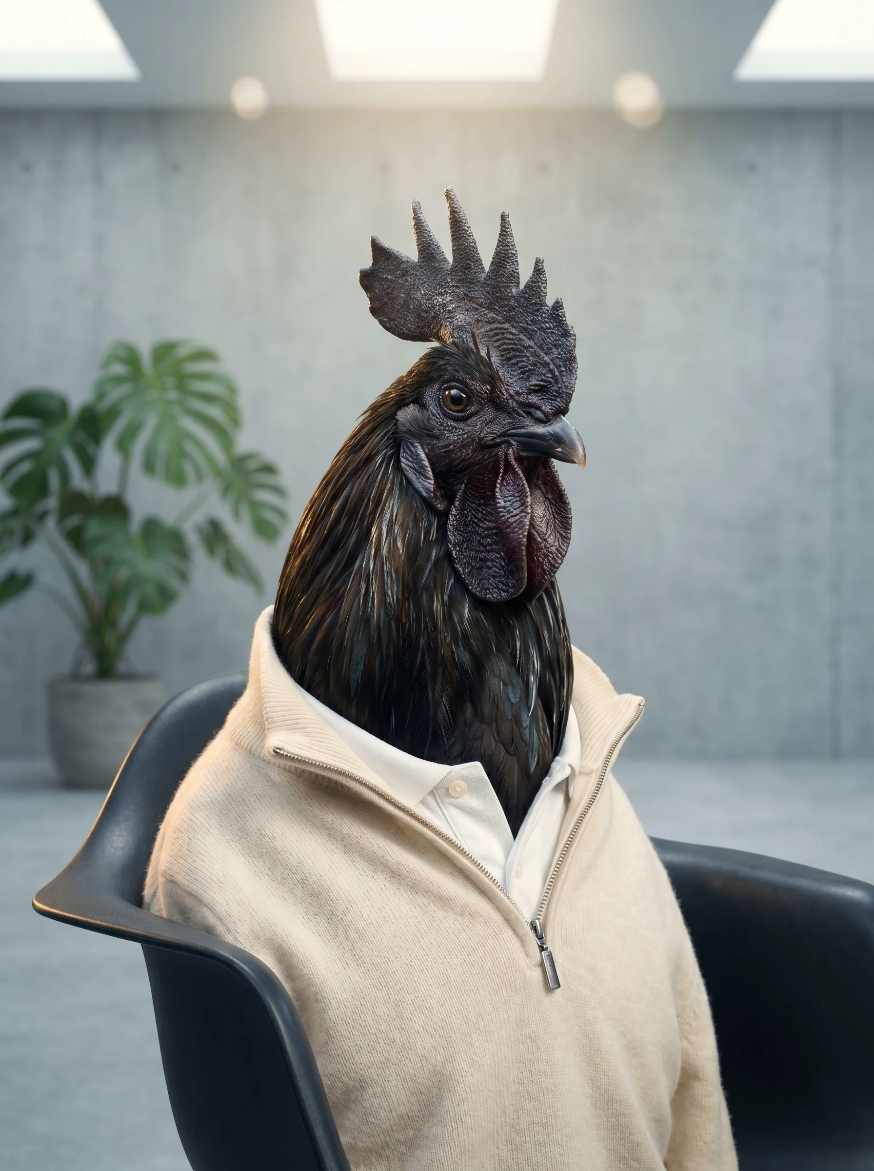 A close-up head-and-shoulders portrait of an Ayam Cemani rooster with iridescent black plumage and dark comb, wearing a cream cashmere quarter-zip pullover over a white polo, seated in a black modernist chair in a minimalist concrete space with diffused overhead panel lighting and a monstera plant