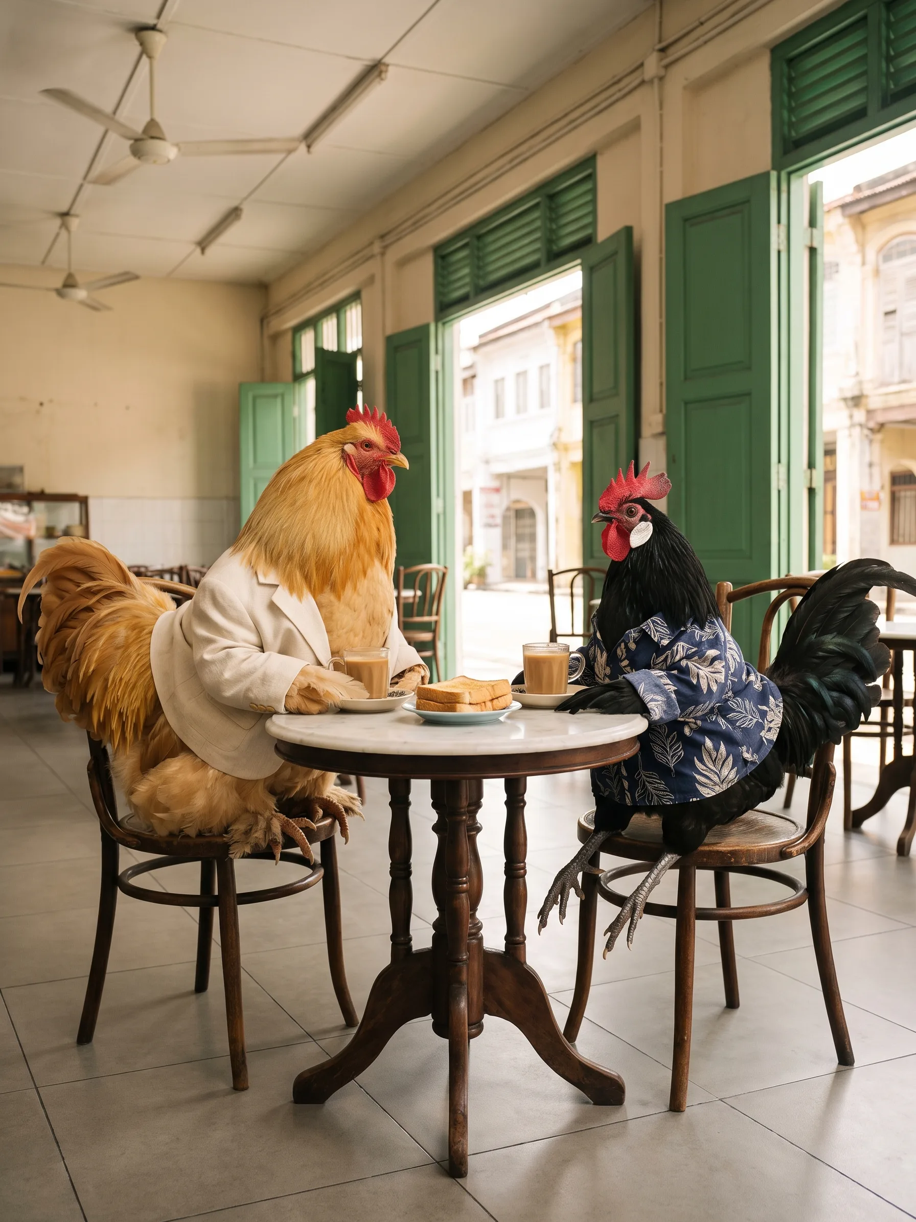 Two roosters at a round white marble table in an old Penang coffee shop: a large Buff Cochin with fluffy golden-buff plumage in an ivory linen jacket, and a small Black Rosecomb bantam with glossy black plumage, a white earlobe and a red comb in an indigo batik shirt with large pale leaf motifs, each perched on a bentwood chair with wing feathers resting on the table beside two glass cups of milky coffee and a plate of toast, ceiling fans overhead and green shutters open onto a street of old shophouses