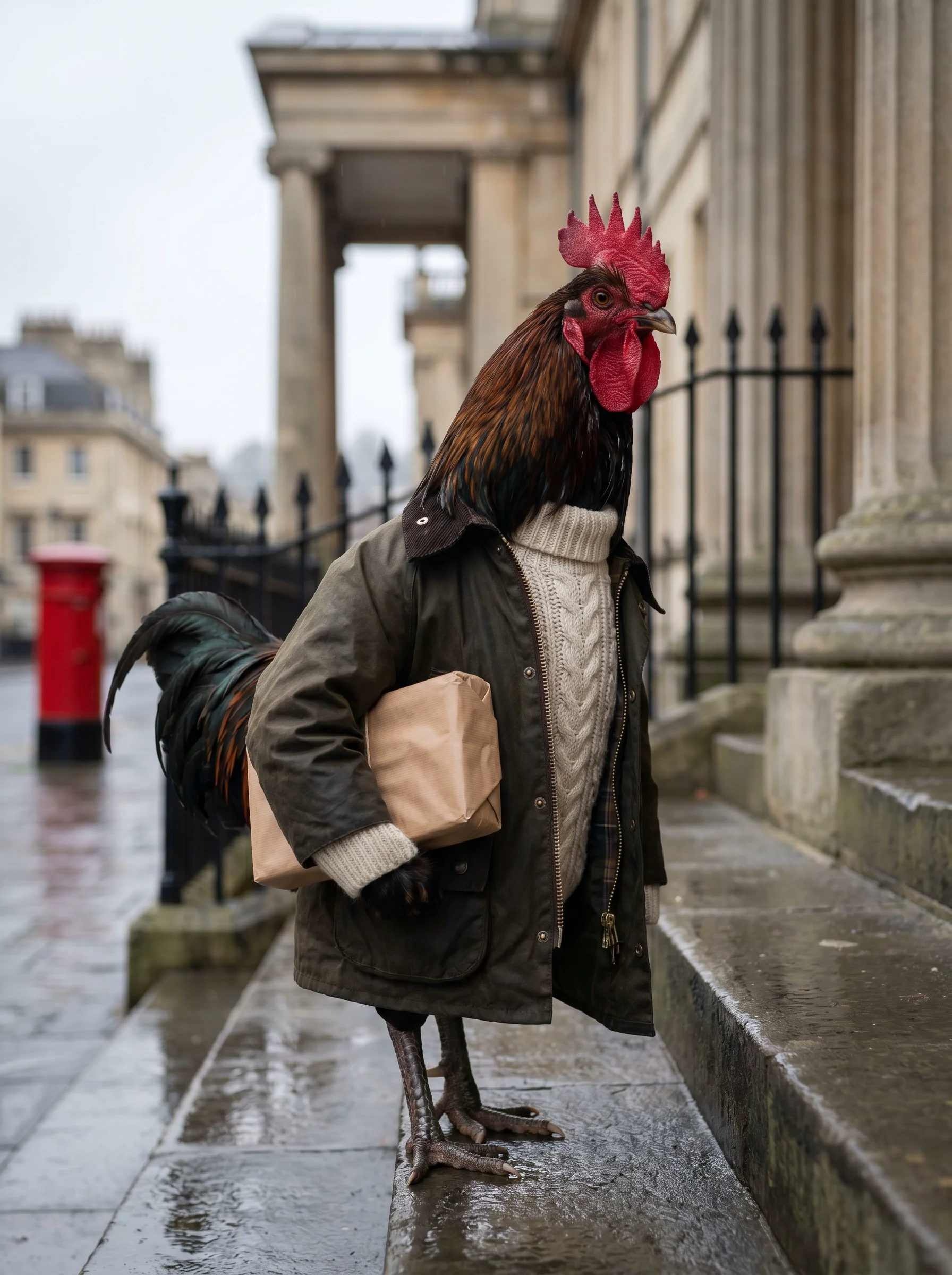 A Black Copper Marans rooster in a dark olive waxed Barbour jacket over a cream cable-knit sweater, standing on rain-slicked stone steps outside a neoclassical building with Palladian columns, carrying a brown paper-wrapped canvas under one wing, grey London morning light, red pillar box in soft bokeh behind him