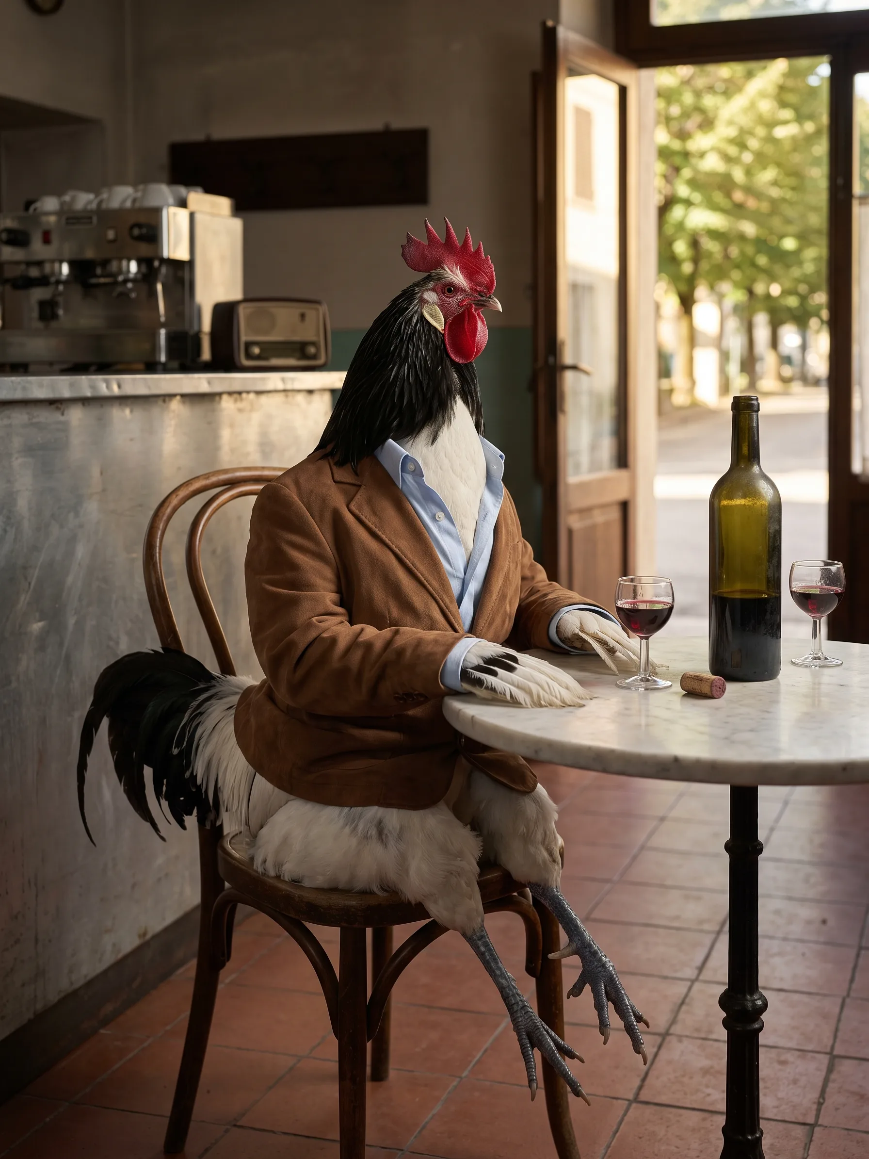 An older Lakenvelder rooster with a white body, a black hackle and a black tail, seated upright on a bentwood chair at a small marble table in an old Italian bar, in a brown suede jacket over a pale blue shirt, an unlabelled green wine bottle, its cork and two glasses of red wine on the table, an espresso machine and a vintage radio on the counter behind and a tree-lined street through the open door
