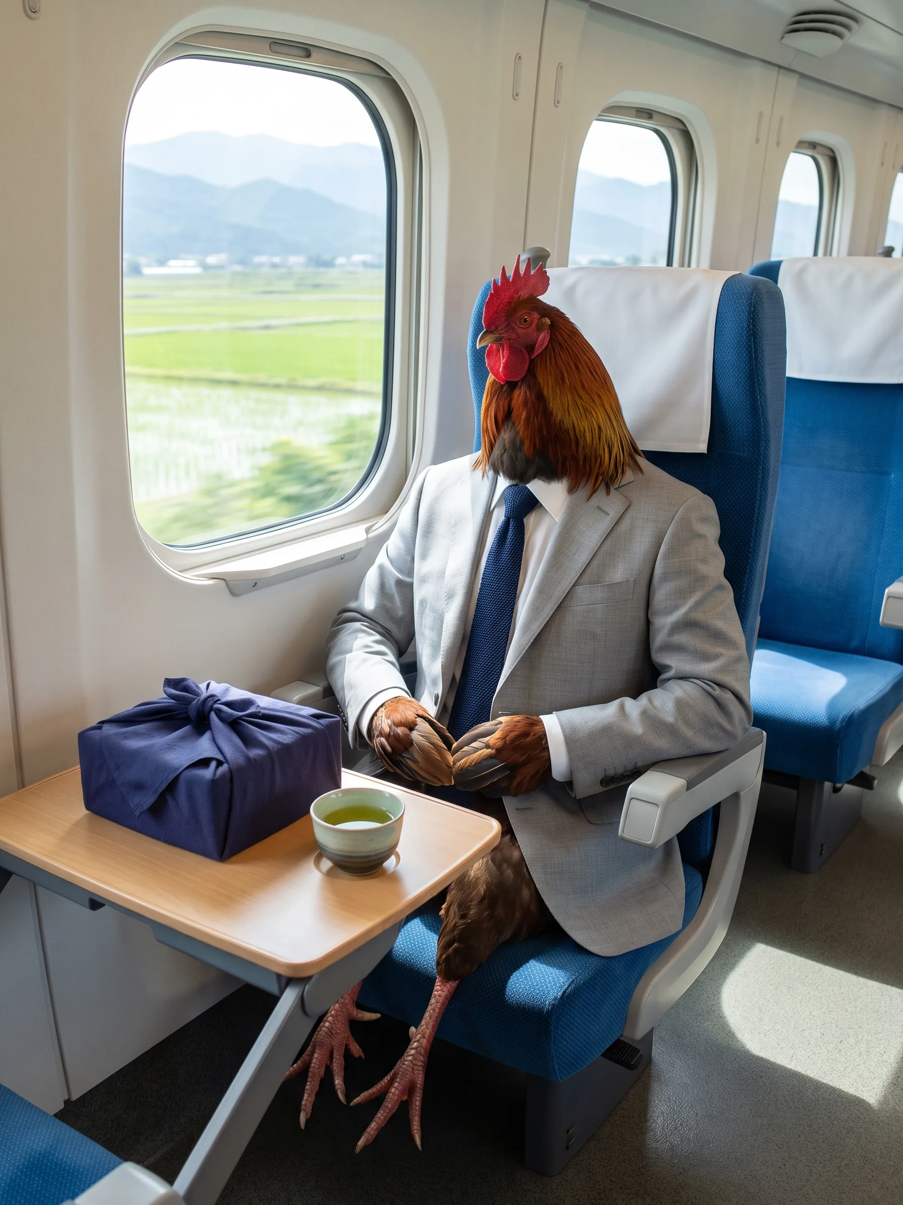 A Welsummer rooster with red-brown and gold hackles and a dark breast, seated like a gentleman in a blue window seat of a Japanese bullet train in a light grey summer suit, white shirt and navy knit tie, wing feathers folded together in his lap, a gift box wrapped in indigo cloth and a cup of green tea on the fold-down tray table, green rice fields and blue mountains through the window in morning light
