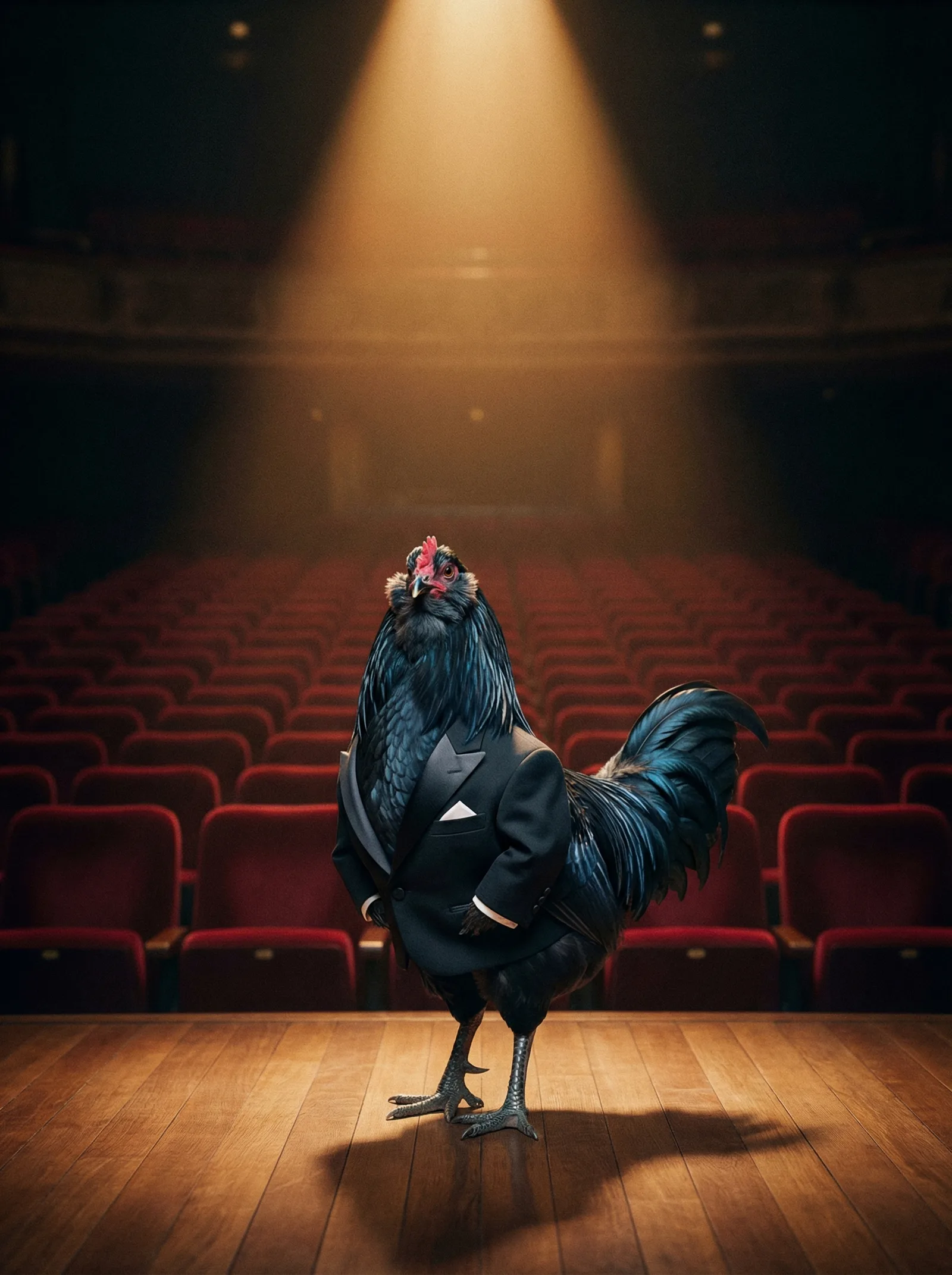 A rooster in a black tuxedo stands alone at center stage of an empty concert hall, a single spotlight illuminating him from above, rows of red velvet seats receding into darkness behind him.
