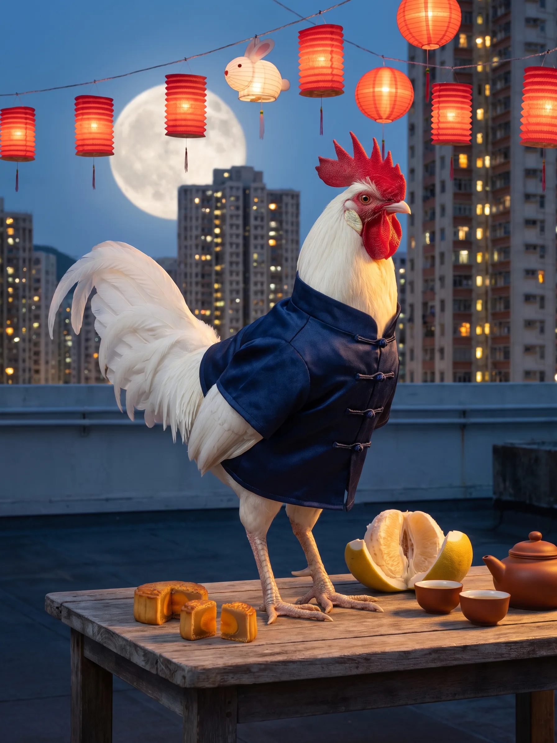 A White Leghorn rooster with pure white plumage and a large red comb in a midnight-blue silk Chinese jacket with knotted frog fastenings, standing on a wooden table on a Hong Kong rooftop at night beside quartered mooncakes showing golden yolks, a halved pomelo, a small clay teapot and two cups, red paper lanterns and a white rabbit-shaped lantern glowing on a string above, a full moon rising behind lit apartment towers