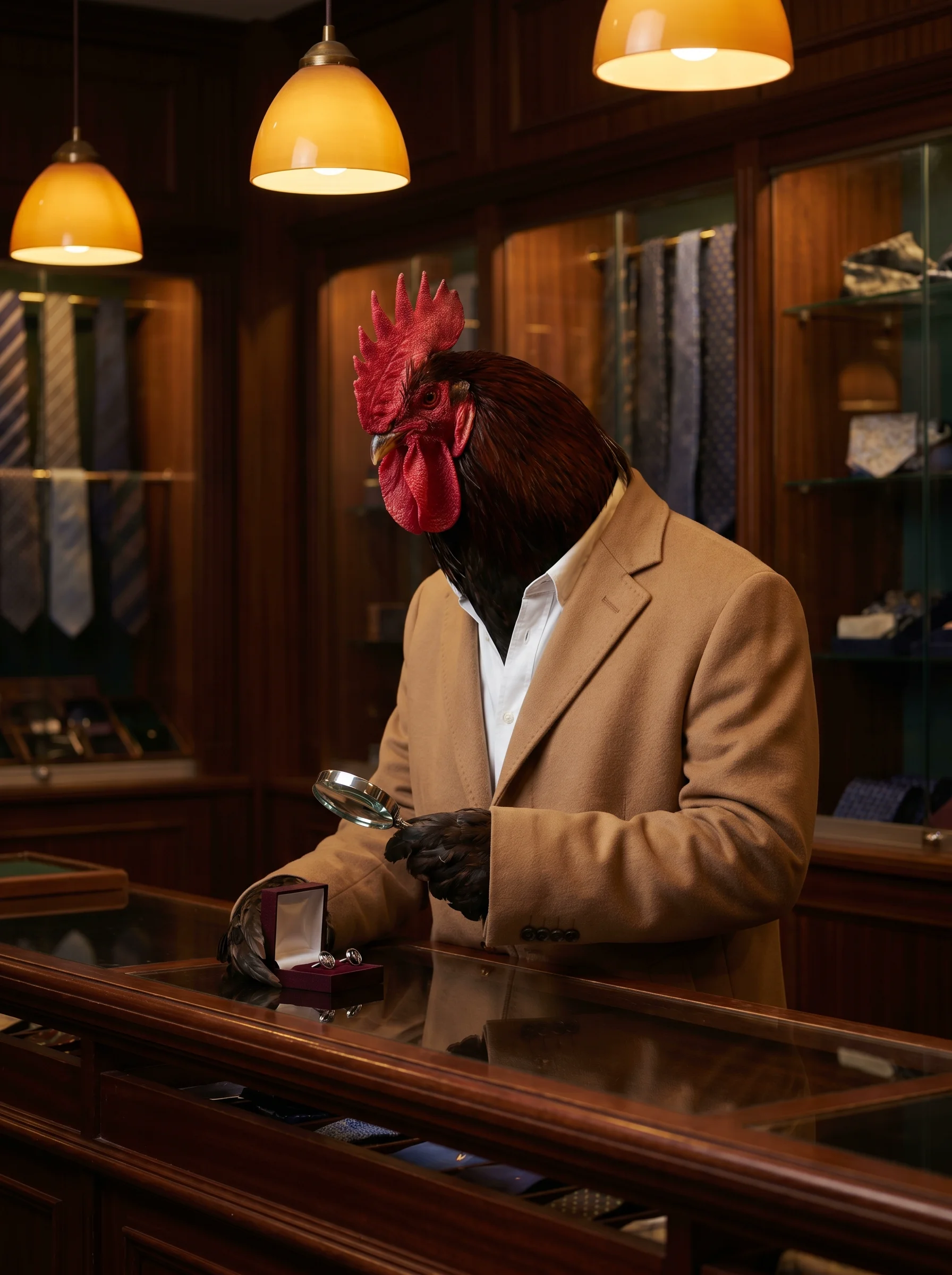 A Welsummer rooster with dark mahogany and black plumage in a camel cashmere overcoat over a white oxford shirt, standing at a polished mahogany display counter in an upscale haberdashery, examining a small velvet box with silver cufflinks through a magnifying glass, warm amber pendant lighting, dark walnut paneling and glass display cases with ties and pocket squares in the background