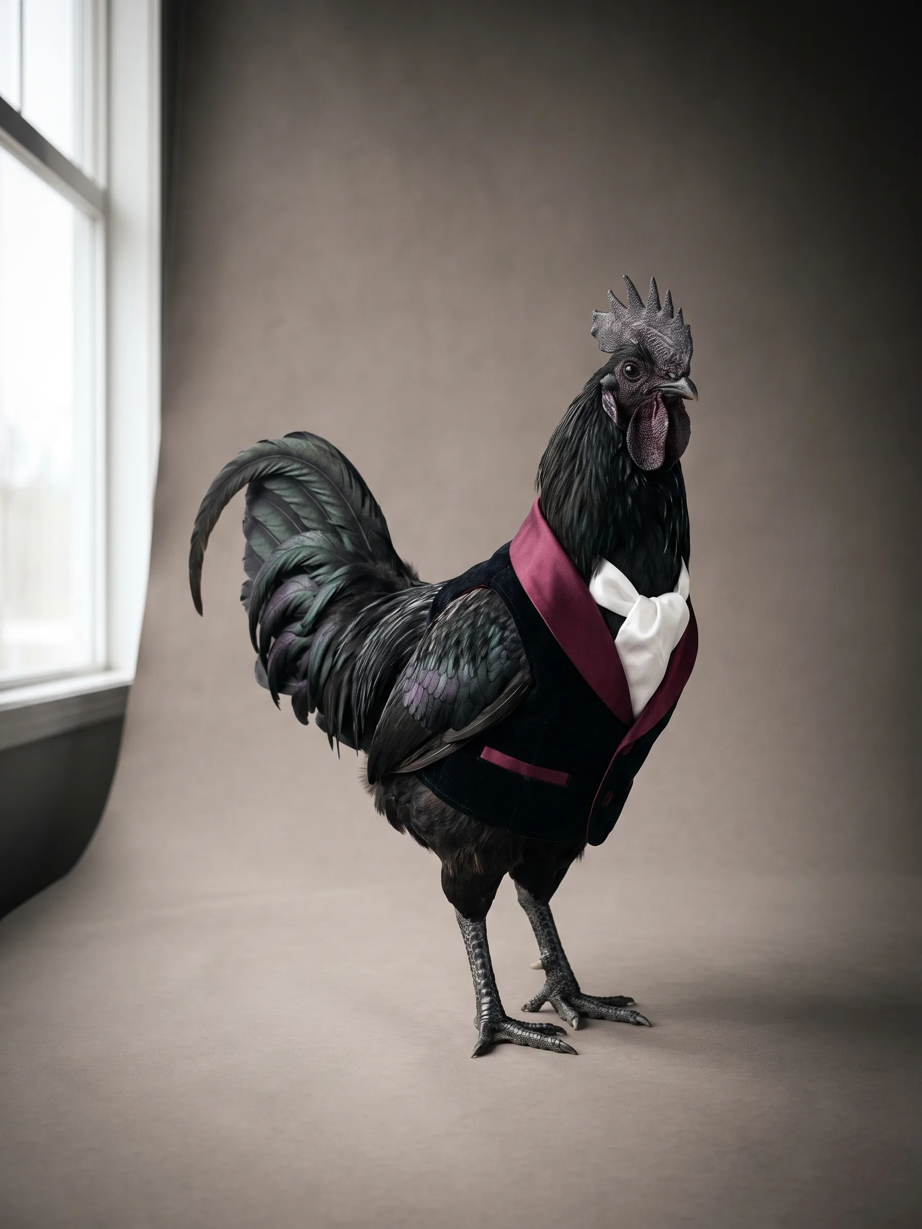 Whitmore, an all-black Ayam Cemani rooster with a black comb, in a black velvet smoking jacket with burgundy lapels and a white silk cravat, standing on a warm grey studio backdrop