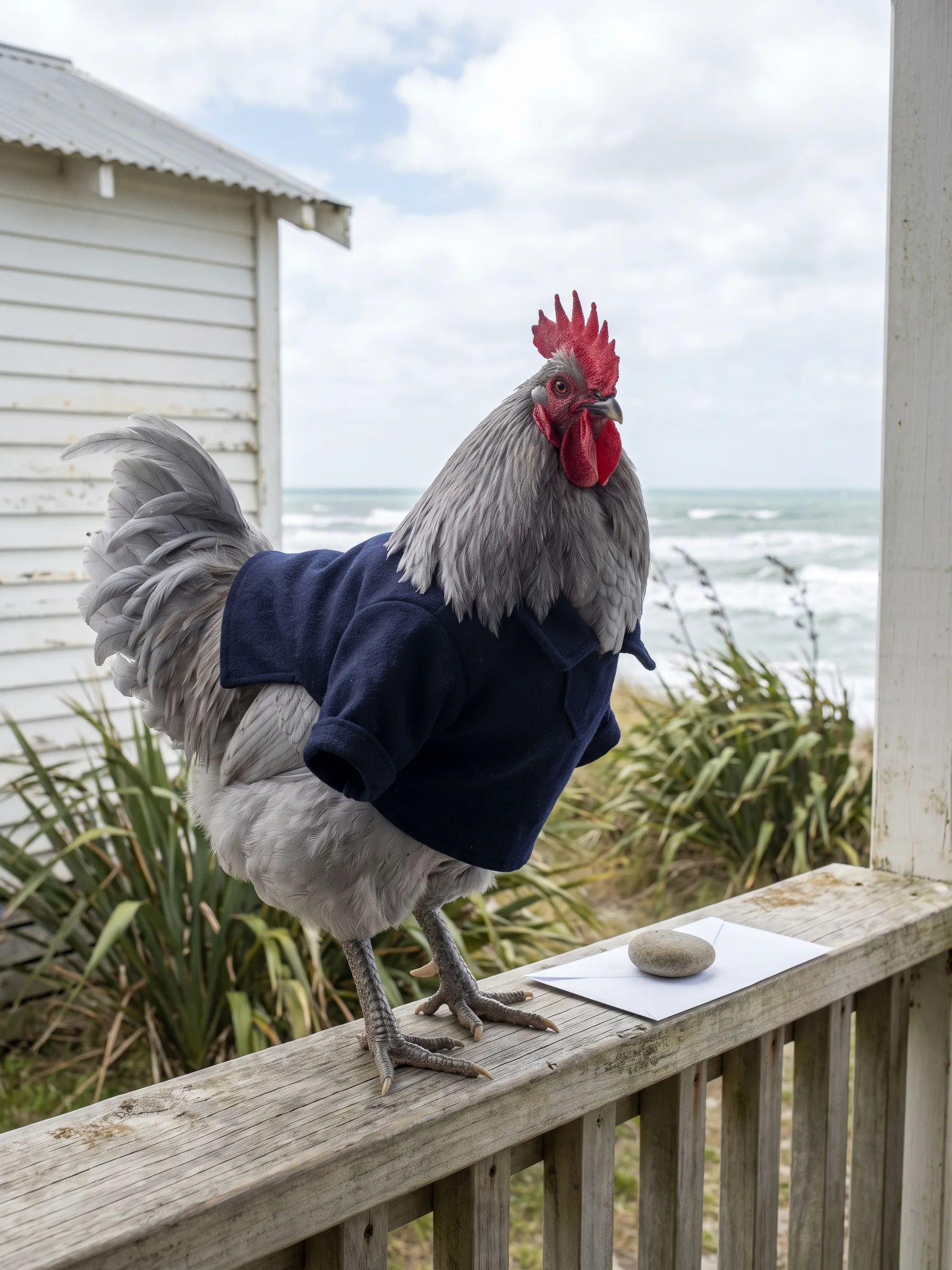A Blue Orpington rooster with soft, even slate-blue plumage in a navy wool fisherman's smock, perched on the wooden rail of a weatherboard beach hut's porch on a windswept New Zealand coast, a plain white envelope held down by a smooth pebble on the rail beside him, flax bending in the wind and a grey-green sea with whitecaps under a bright cloudy sky
