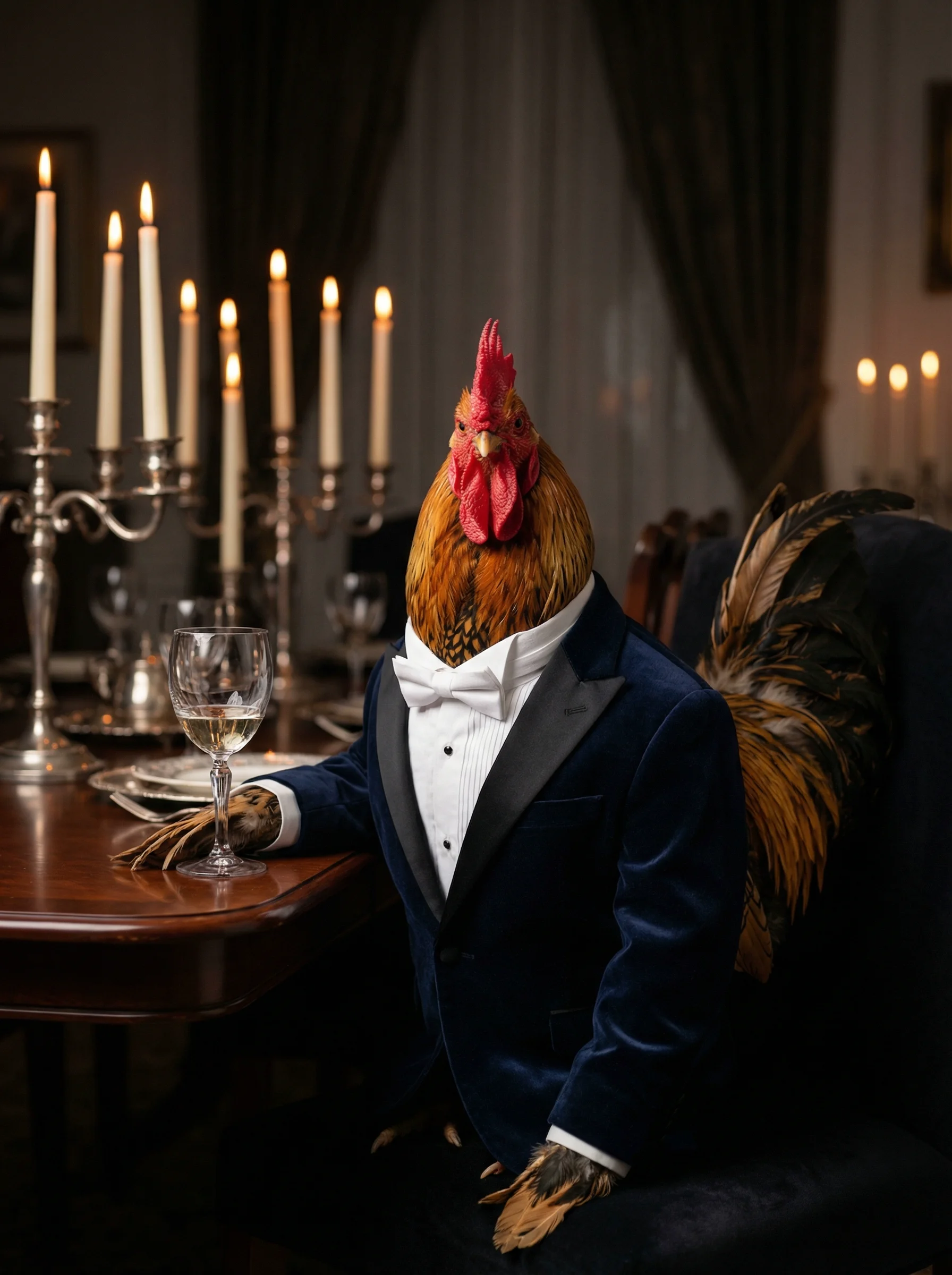 A Golden Laced Wyandotte rooster in a midnight navy velvet dinner jacket and white bow tie seated at the head of a candlelit mahogany dining table, silver candelabras glowing behind him, direct unwavering gaze into camera