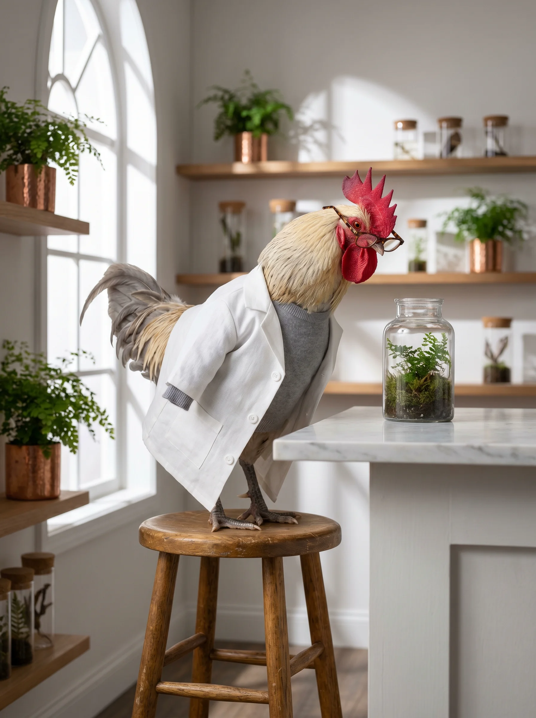 A Cream Legbar rooster in a white linen lab coat and tortoiseshell reading glasses perched on a tall oak stool in a bright minimalist botanical laboratory, peering at a small glass terrarium on a marble countertop, morning sunlight streaming through an arched window, ferns in copper pots and glass specimen jars on oak shelves behind