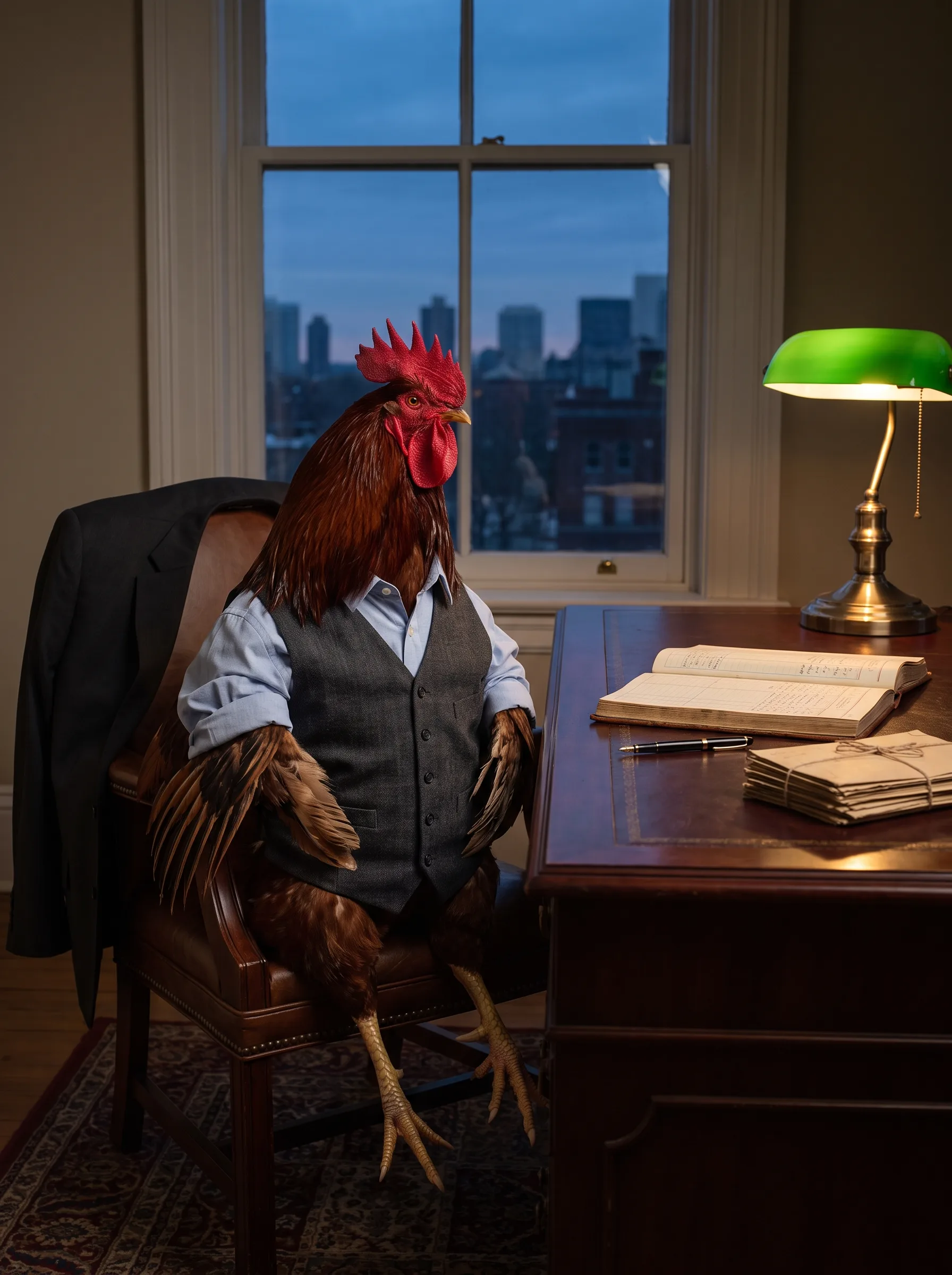 A Rhode Island Red rooster with deep mahogany plumage in a charcoal waistcoat over a pale blue shirt, seated in a leather desk chair with his suit jacket draped behind him, beside a mahogany partners' desk with an open ledger, a fountain pen, a string-tied bundle of unopened envelopes and a green banker's lamp, a city skyline at blue-hour dusk through the sash window